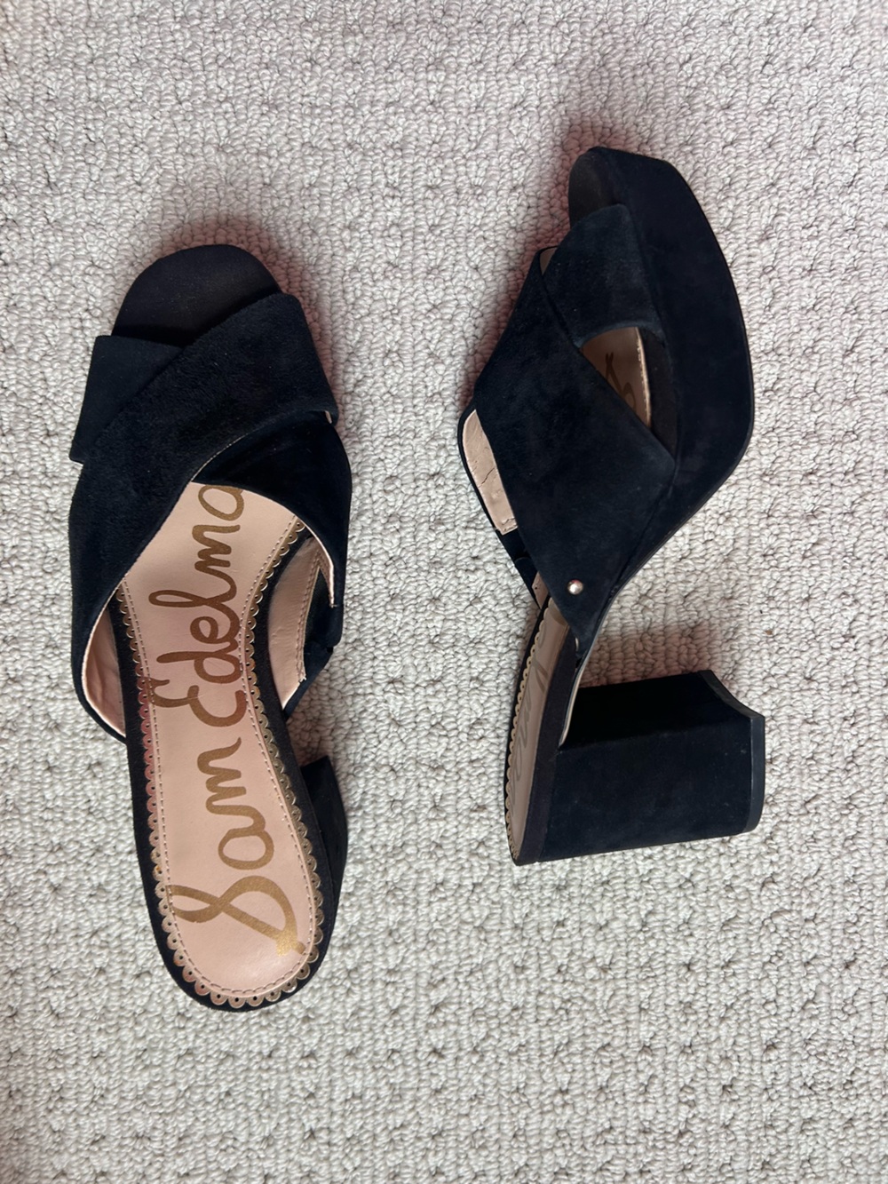 Sam Edelman Black Suede Crossover Block Heel Mules